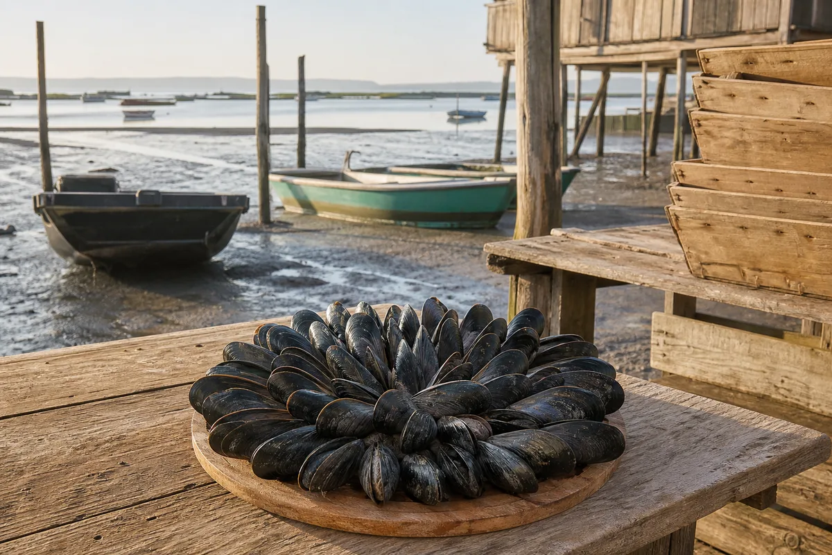 Moules dressées en rosace serrée sur une planche de bois avant la flambée