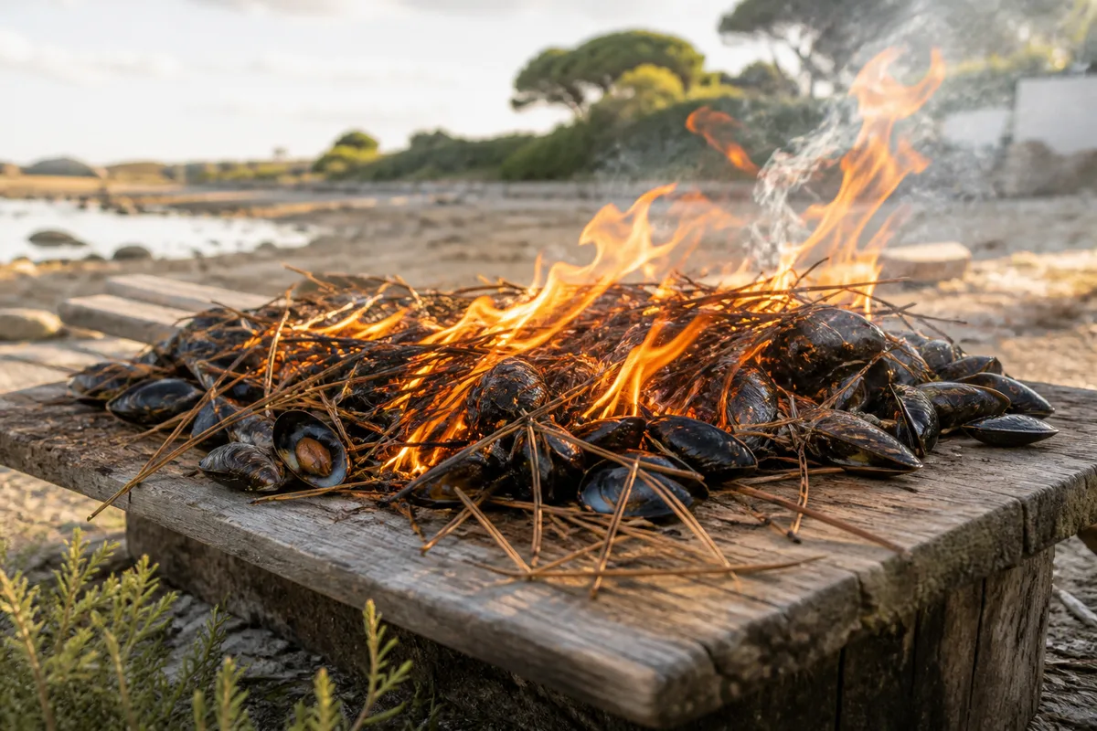 Flambée d&rsquo;aiguilles de pin sur une planche d&rsquo;éclade en extérieur