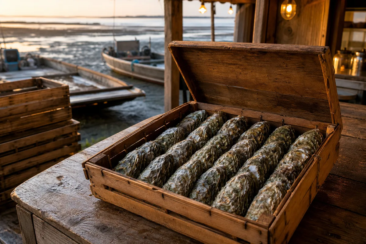 Bourriche ouverte montrant des huîtres creuses rangées coquille creuse vers le bas