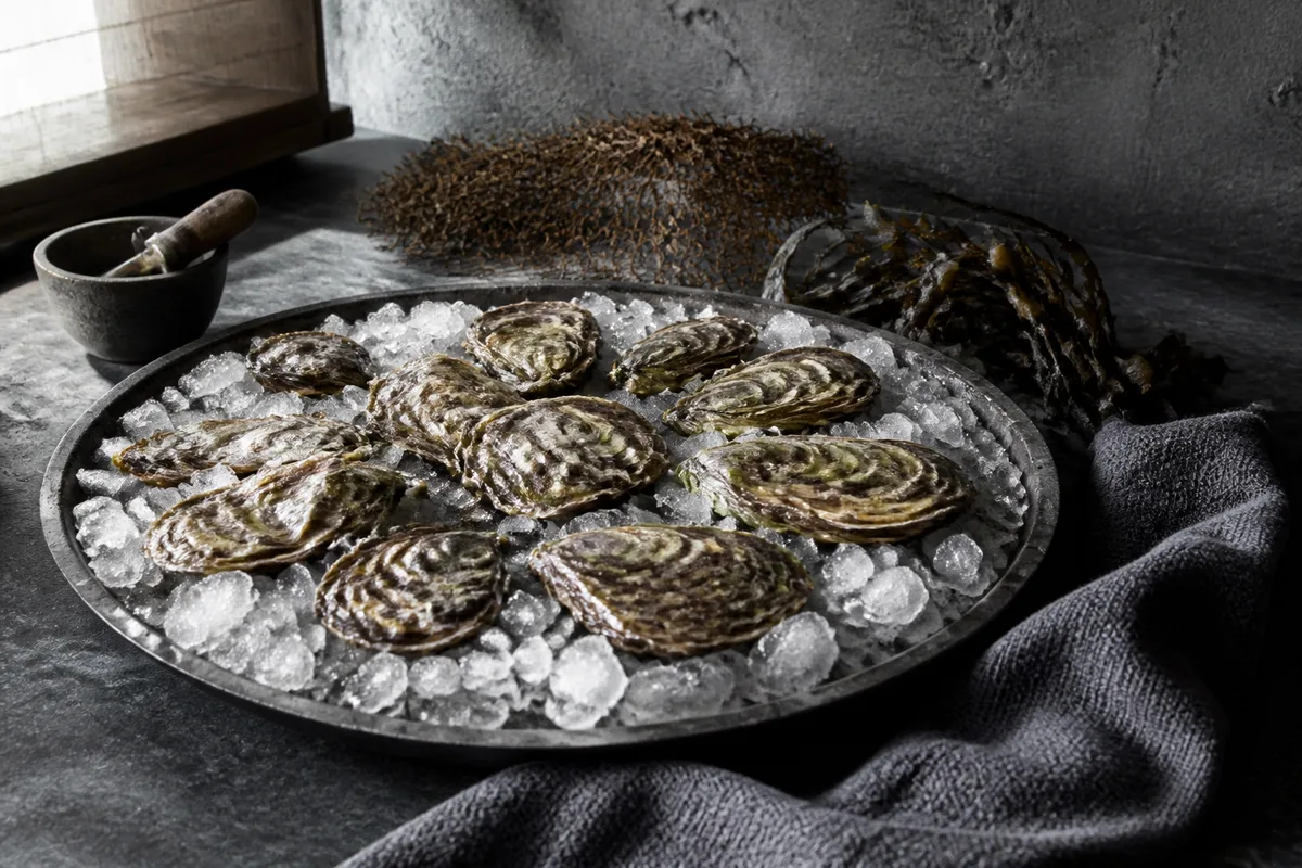 Huîtres plates de petit calibre disposées sur un lit de glace pilée