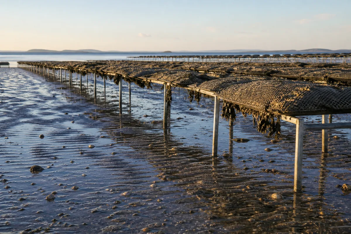Poches ostréicoles alignées sur des tables métalliques découvertes par la marée basse