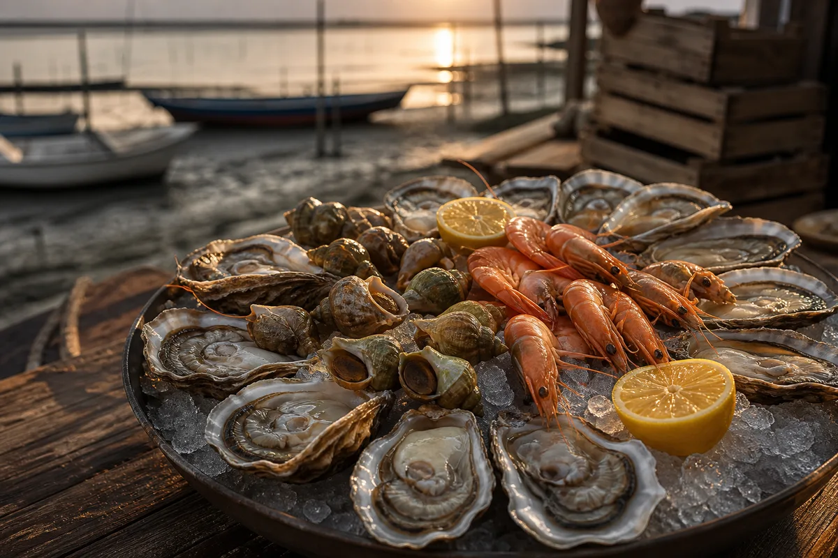 Plateau de fruits de mer dressé sur glace pilée avec huîtres, crevettes et bulots