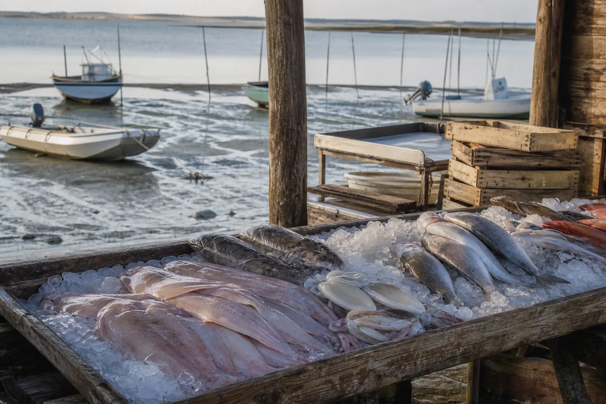 Étal de poissonnerie avec soles, seiches et poissons entiers présentés sur glace