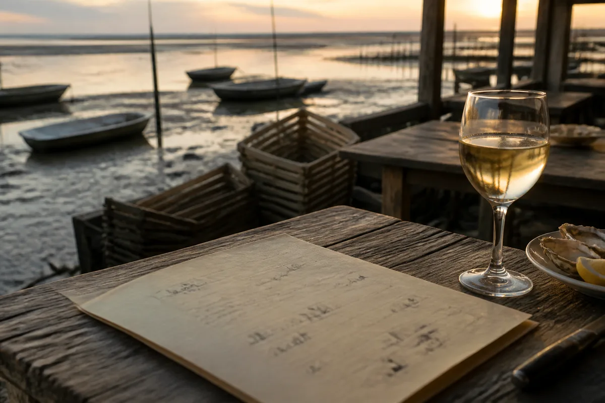 Carte manuscrite d’une table du littoral posée sur une table en bois avec un verre de vin blanc