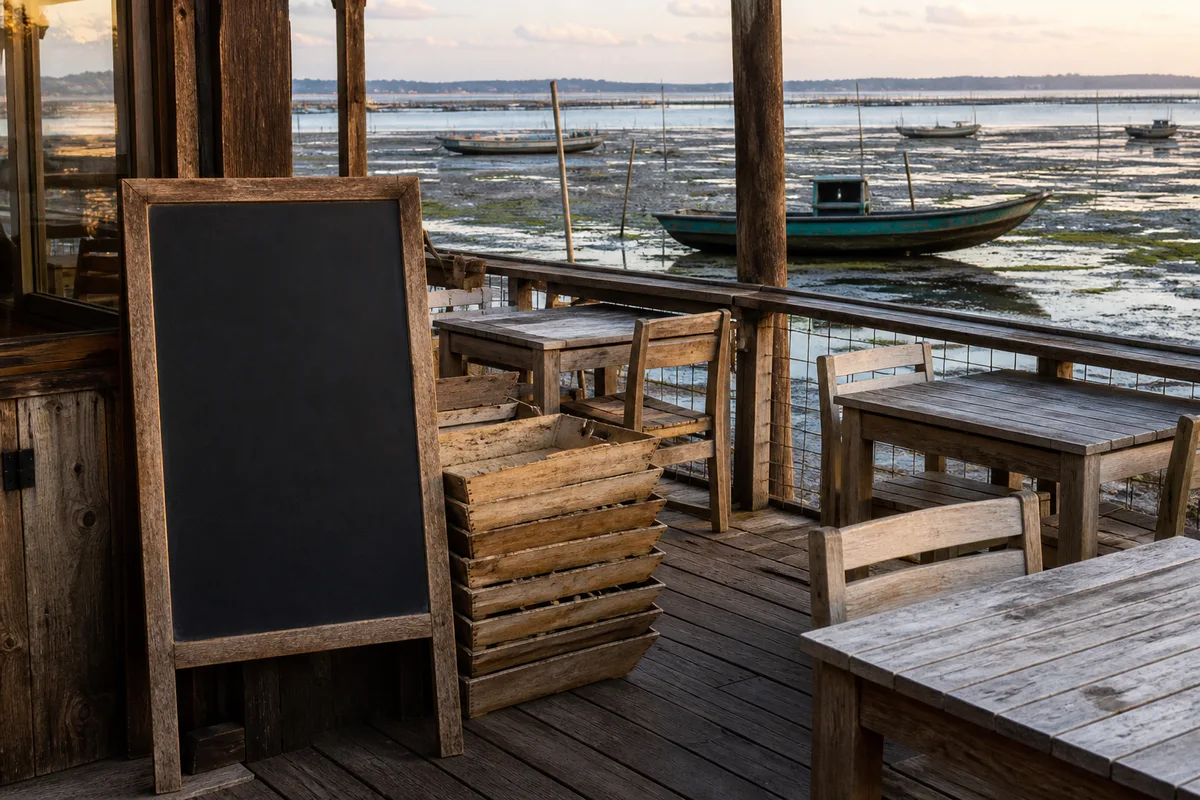 Terrasse en bois d’une table du bassin d’Arcachon en fin de journée, ardoise du jour posée à l’entrée