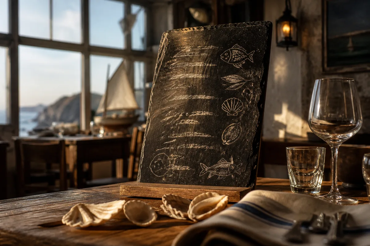Ardoise manuscrite listant les arrivages du jour dans une salle de restaurant du littoral